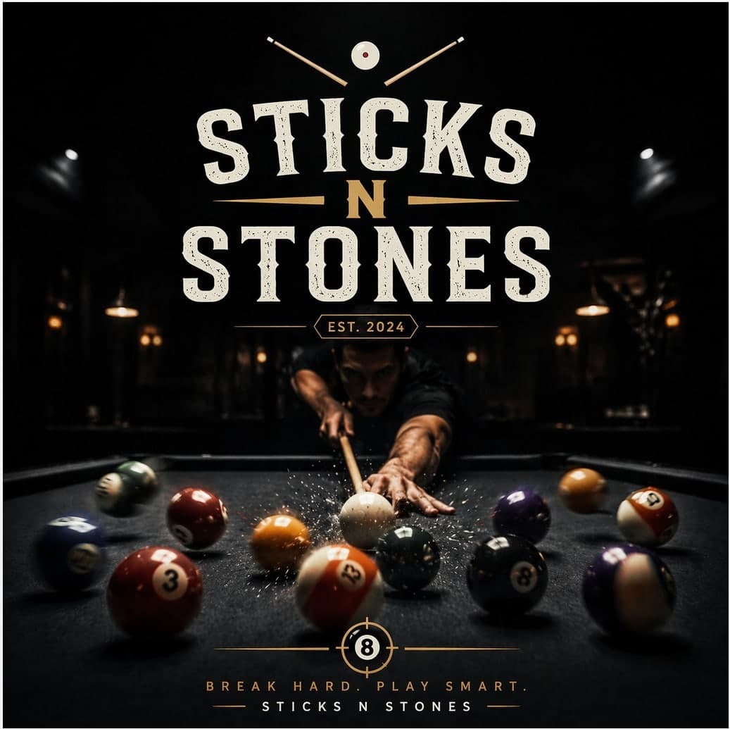 Sticks N Stones poster: a player breaking a rack of pool balls under dim bar lights. Est. 2024. Break hard. Play smart.